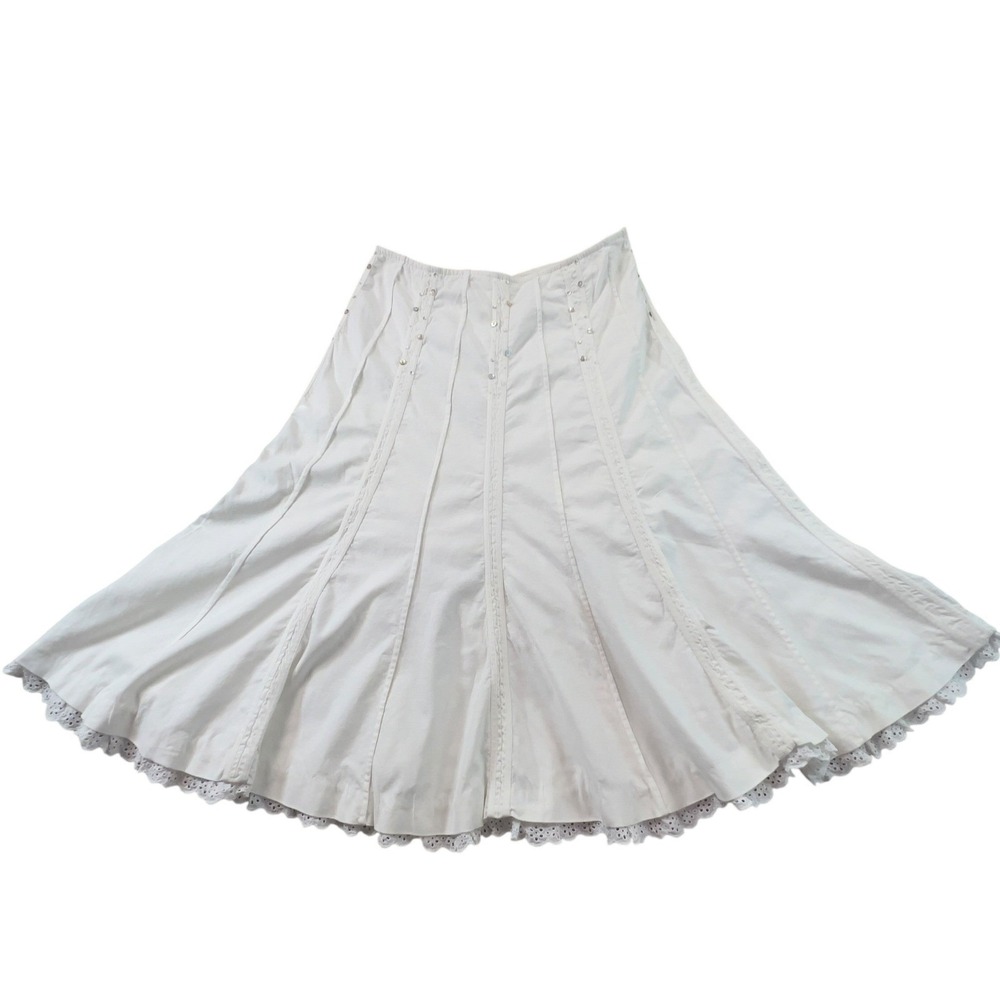 Intuitions Womens 12 White Linen Blend Maxi Skirt Eyelet Lace Trim Boho Fairy - Picture 3 of 13